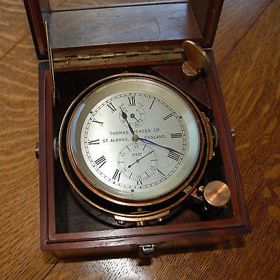 ANTIQUE THOMAS MERCER 1946 MARINE BOXED SHIP CHRONOMETER CLOCK,BRASS 