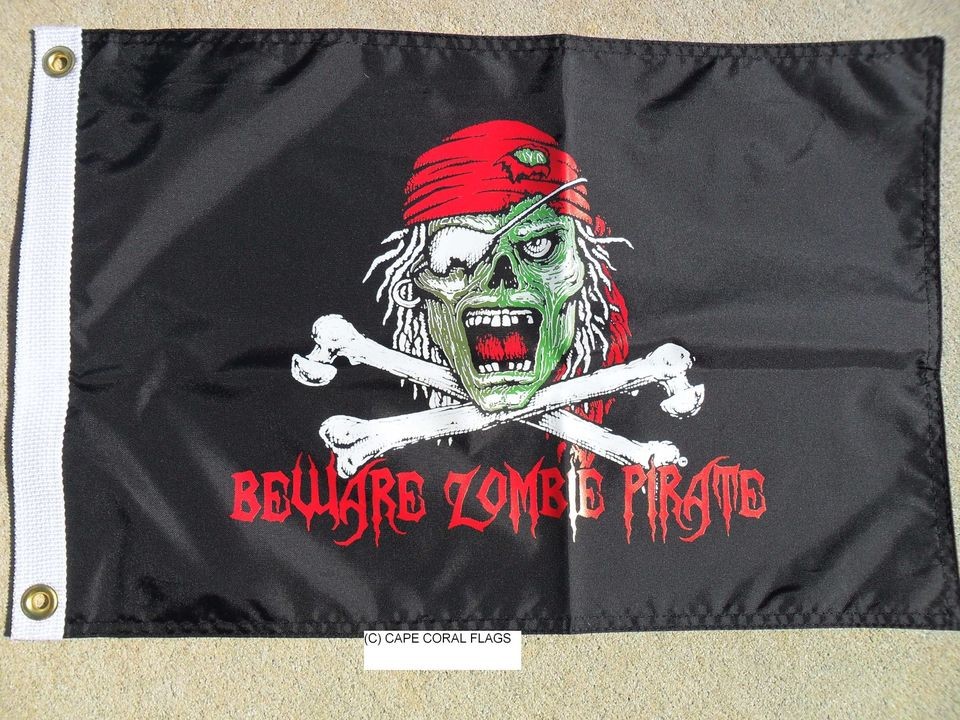 PIRATE FLAG 12X18 BEWARE ZOMBIE PIRATE DOUBLE SIDED NYLON BOAT 