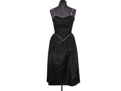 Vintage 70s 80s Black Pink Piping Trim Boned Party Prom Taffeta Full 