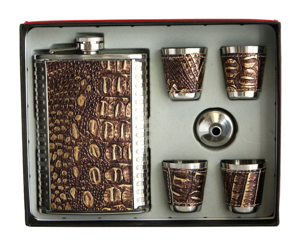 9oz croc leather flask set w 4 shot glass funnel