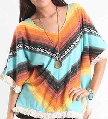 billabong sunset low down show striped w fringe pullover v neck poncho 