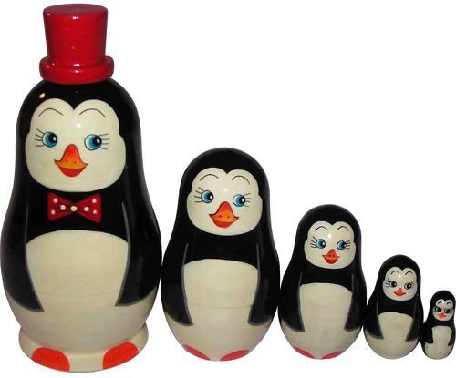 RUSSIAN NESTING MATRYOSHKA DOLLS /PENGUINS IN RED HATS/H  12 cm 