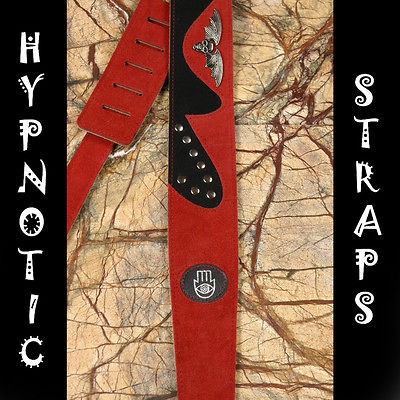 HYPNOTIC RED BAT LEATHER SUEDE GOTH GUITAR , BASS & ACOUSTIC STRAP 