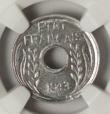 French Indo China 1 Cent 1943 NGC MS 65 UNC Aluminum High Grade