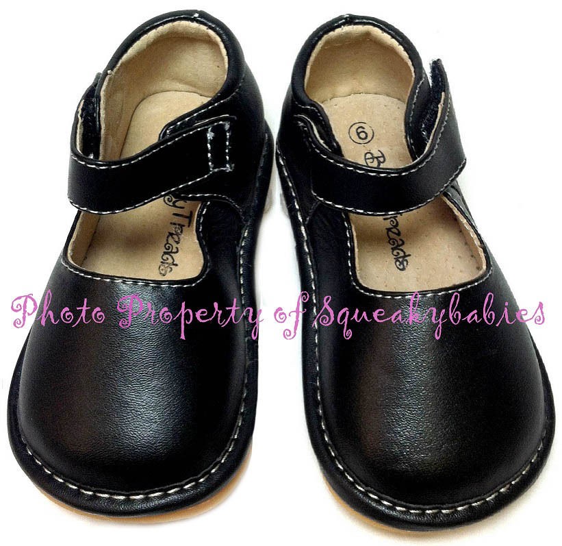 Squeaky Shoes Toddler Black Leather Mary Jane Soft Flex Sole Plain 