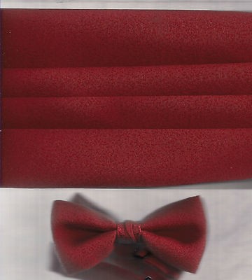 NEW 100% SILK CUMMERBUND & PRE TIED BOW TIE SET RED PEBBLE WEAVE SOLID 