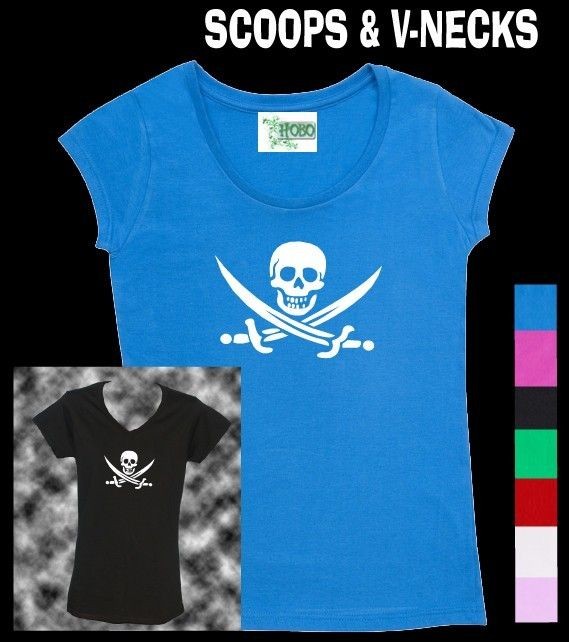 Pirate Skull Jolly Roger sailing Ship Hobo Womens T shirt scoop V 