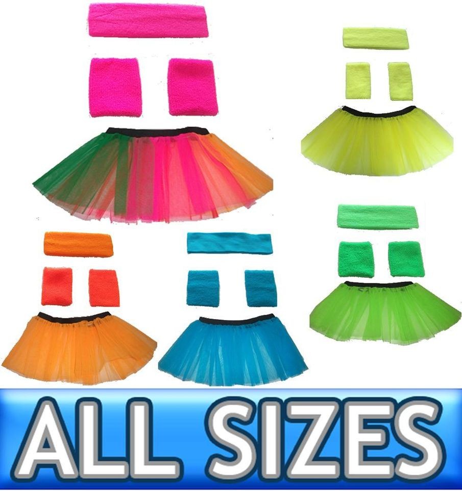 Neon TUTU, SWEATBAND/ HEADBAND & WRISTBANDS All Colours Sizes 1980s 