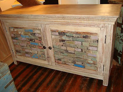 Multi Color Reclaimed Wood Brick Style Cabinet Plasma/TV Console