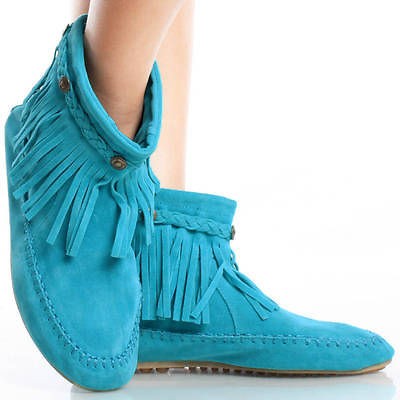 Teal Suede Stitch Fringe Round Toe Women Flat Moccasin Ankle Boots 