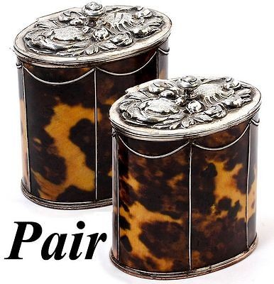 Antique Victorian Era Faux Tortoise Shell & Silver Tea Caddy PAIR 