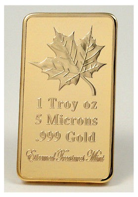 Troy Oz 999.9 24K 5 Microns GOLD Clad MAPLE LEAF Bullion Bar Art 