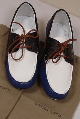 BOTTEGA VENETA SHOES $640 BROWN/WHITE/BLUE CONTRAST TIED VAMP DRIVERS 