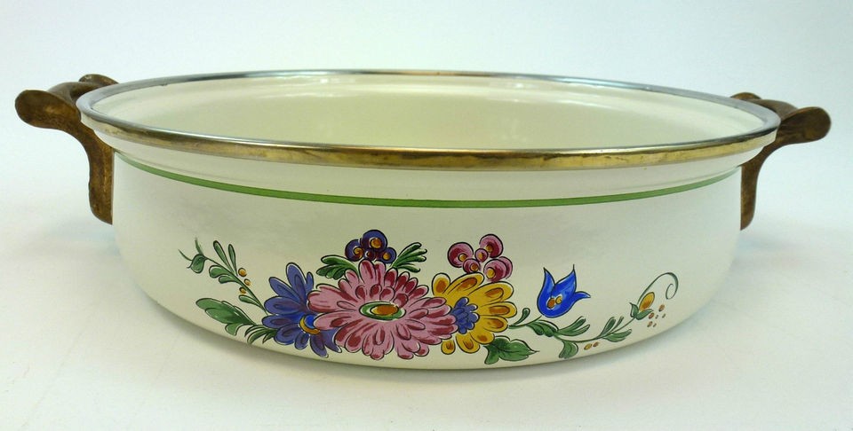 Vintage 1981 Asta 2 Quart Enamelware Casserole Flower Pattern Cookware 