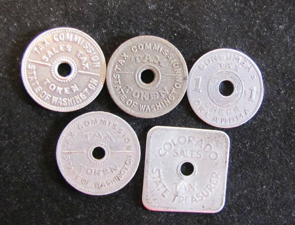 Lot of 5 Vintage Tax Tokens including Washington, Oklahoma, Colorado