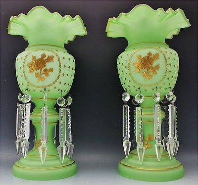 INCREDIBLE HUGE PAIR VICTORIAN MOSER SATIN GLASS GOLD ENAMEL GILT 