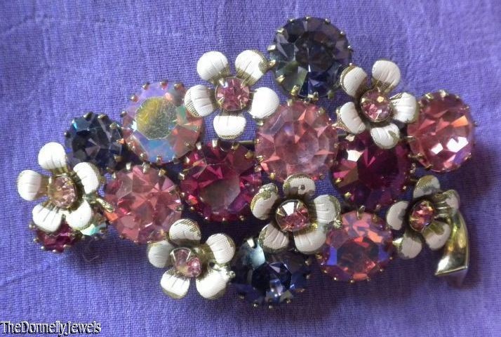 Authentic Weiss Dark & Lt Pink, Amethyst Rhinestones, Enamel Flowers 