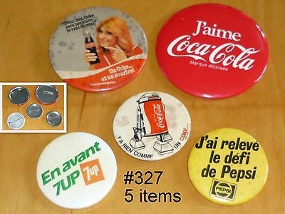 LOT of 5 VINTAGE BUTTONS PIN   VARIED   COKE, SEVEN UP PEPSI  # 327