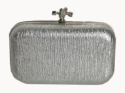 Silver Metallic Minaudiere Hard Mini Evening Clutch Purse with Knot 