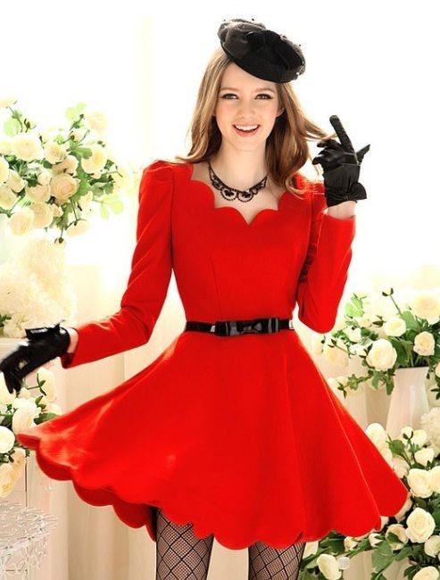 Women Scallop Neck Long Sleeve Red Puff Shoulders Skater Dress