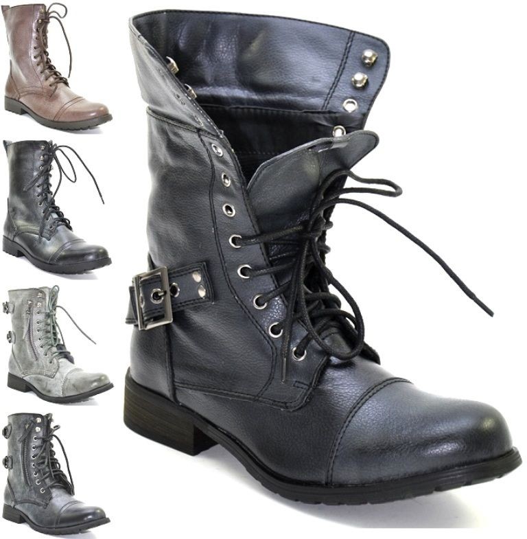 NEW WOMENS BLACK BROWN GREY ZIPPER LACE UP ARMY CUBAN HEEL COMBAT 