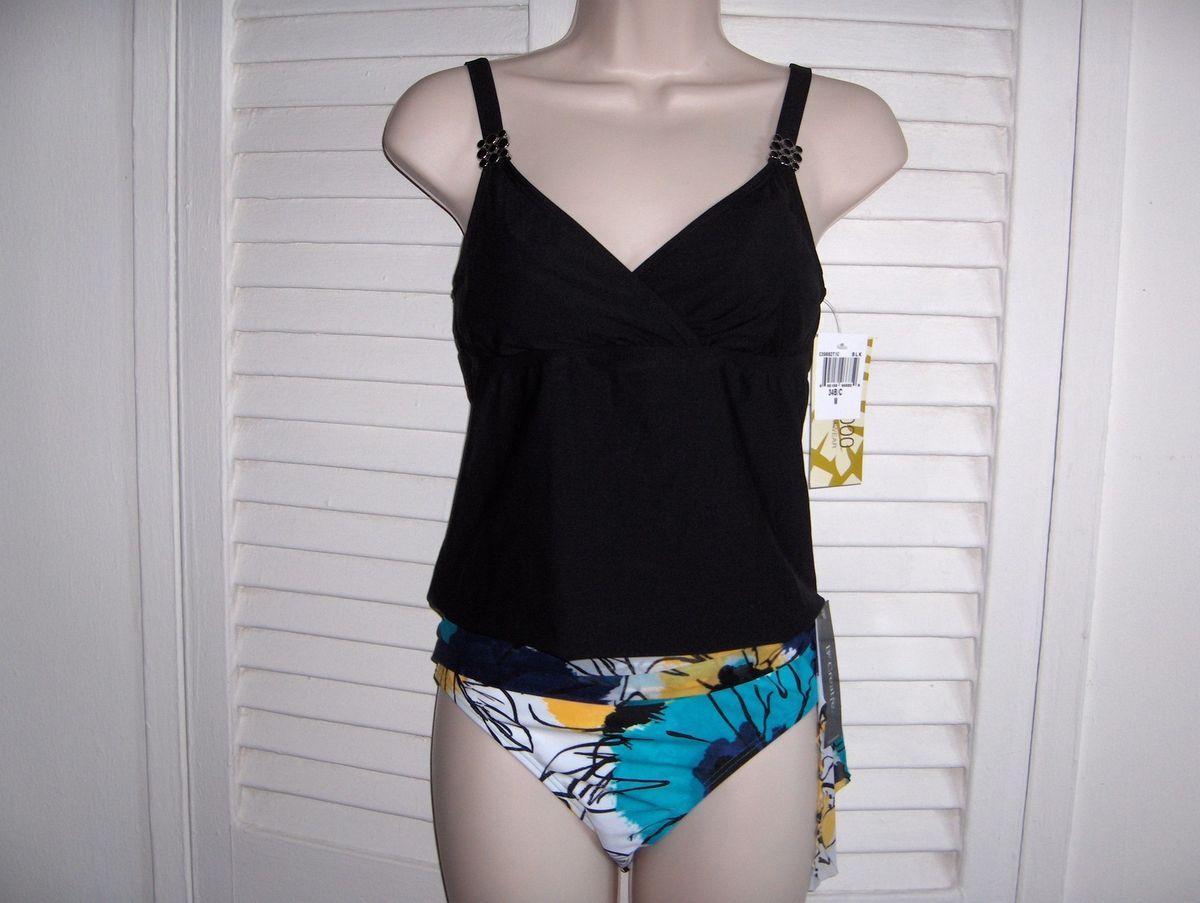 NEW 2 BAMBOO SWIMWEAR BLACK EMBELLISHED TANKINI TOP 34B C BE CREATIVE 