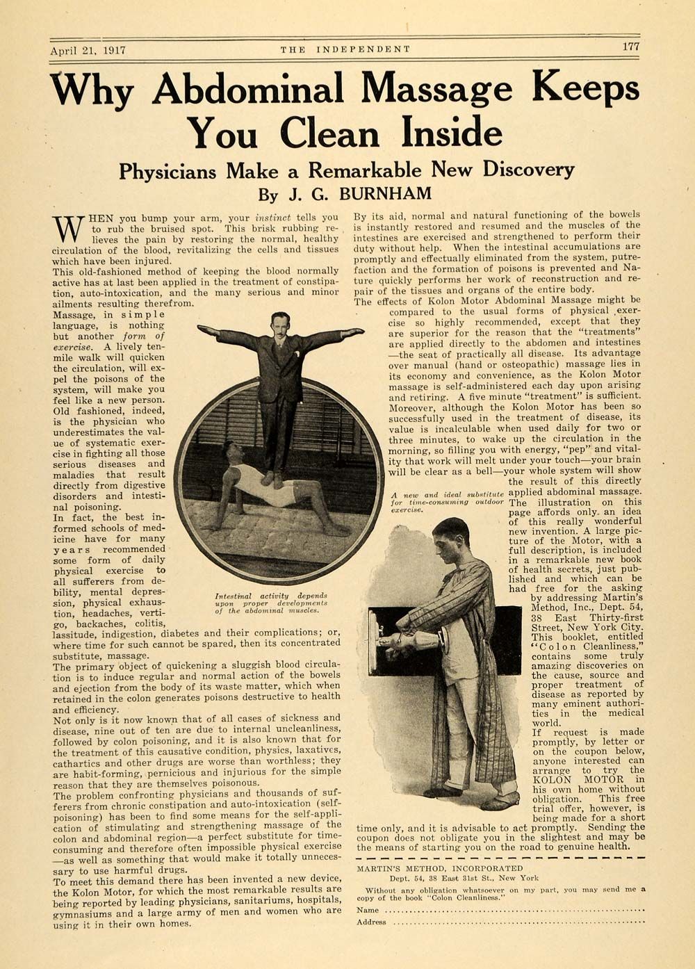   Ad Martins Method J G Burnham Abdominal Massage   ORIGINAL ADVERTISING