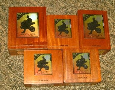   COLLECTION OF FIVE HEAVY WOODEN CIGAR BOXES FROM ACID. SEVERAL SIZES