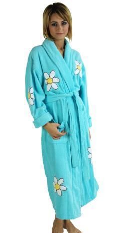 Aegean Daisy Appliqued Bathrobe Cotton Terry Cloth Long