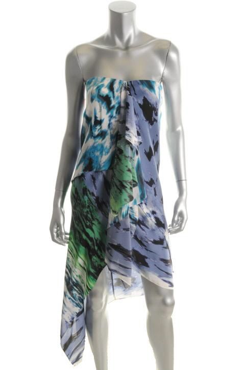 BCBG Max Azria Aida Blue Printed Silk Strapless Casual Dress 4 BHFO 