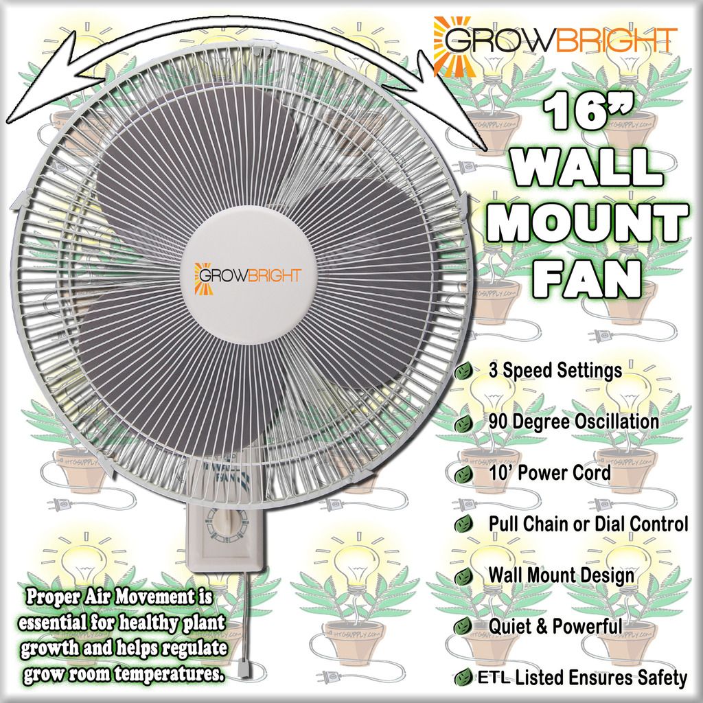 16 inch Wall Mount Oscillating Grow Fan 3 Speed Quiet