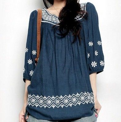 Airy Whisper Blue Cotton Boho Tunic Blouse Top Sweet Embroidery 5 C69 