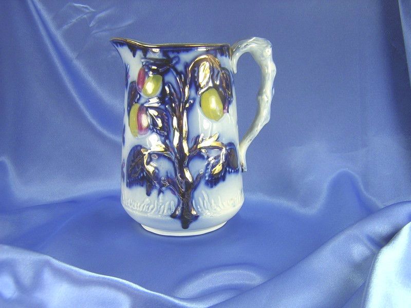   FLOW BLUE POLYCHROME BRUSHSTROKE JUG PITCHER COPPER LUSTRE C. ALLERTON