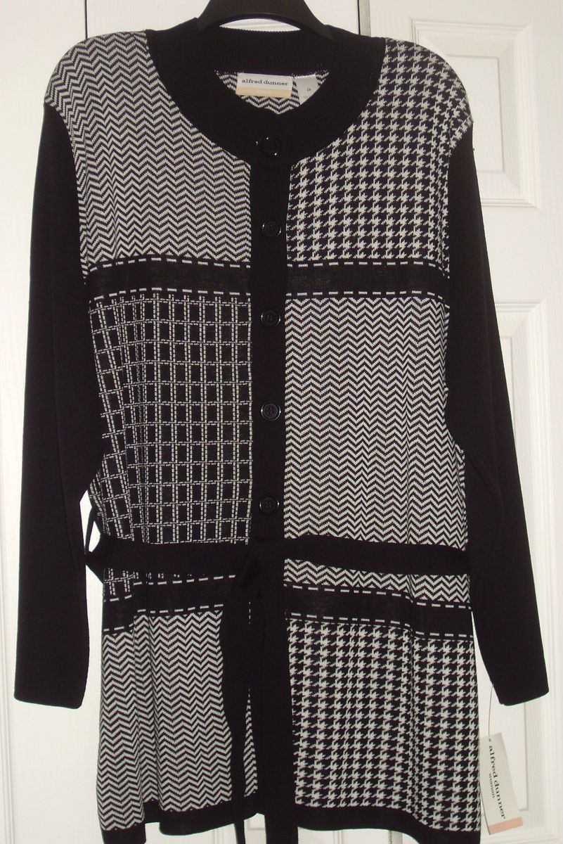 NEW ALFRED DUNNER WOMENS SZ 2X BLK WHT GRAPHIC BELTED CARDIGAN JACKET 
