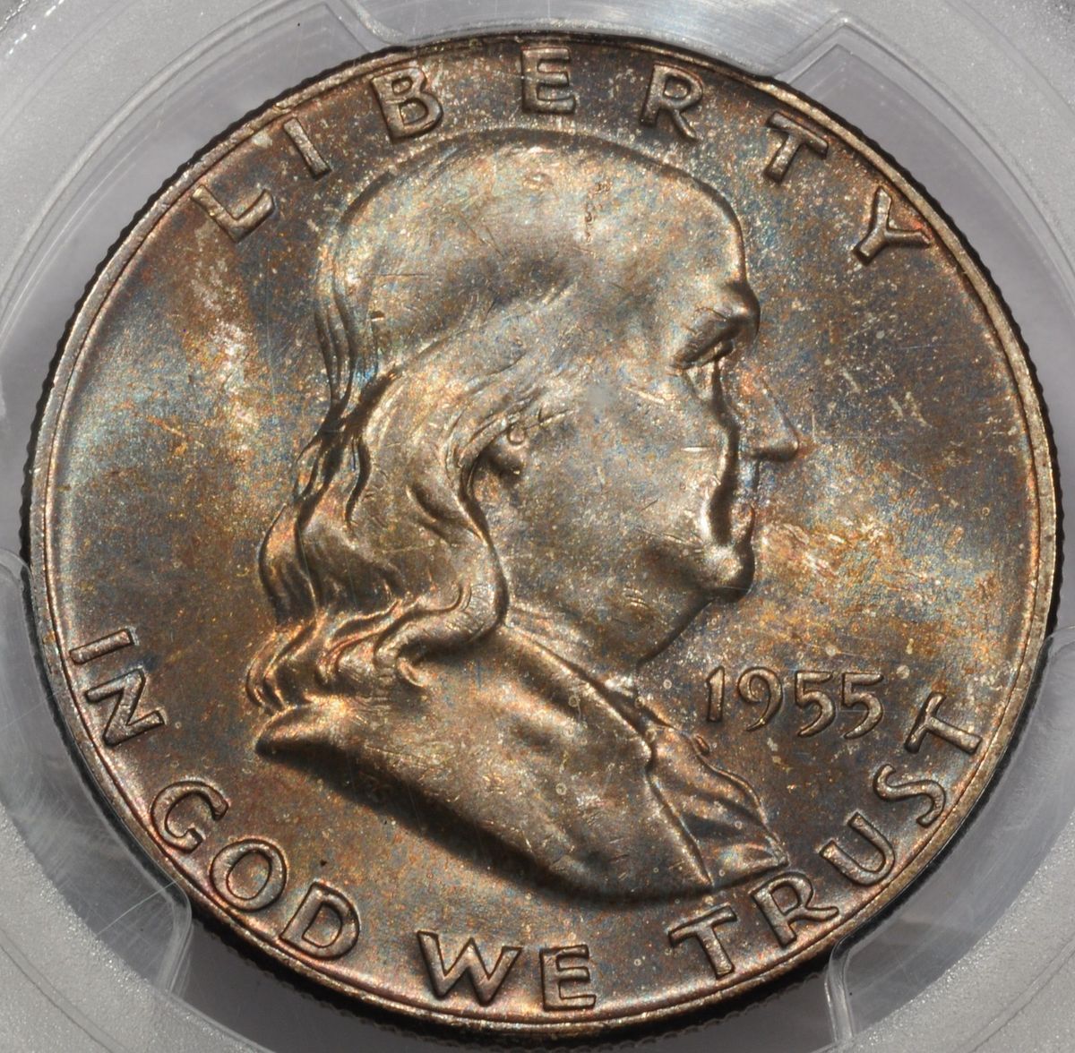 1955 Franklin Half Dollar PCGS MS64 Mint Set Toned Colorful TONING