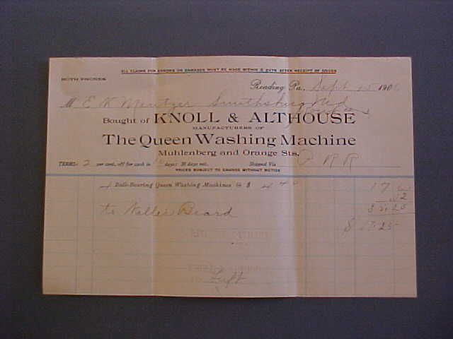   1906 Queen Washing Machine Knoll Althouse Reading PA Billhead