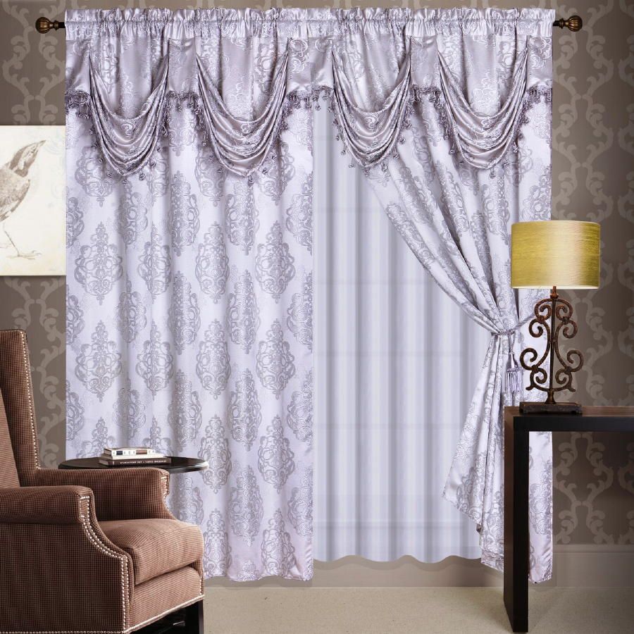   Silver Jaquard Panel Valance Curtain Drapes Window Set New