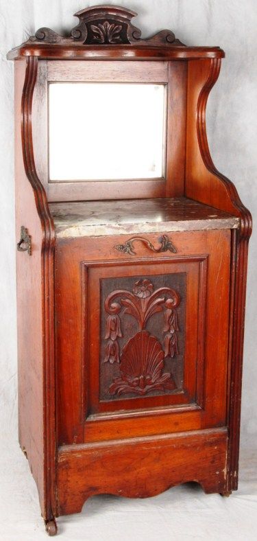 L135P ANTIQUE ENGLISH ART NOUVEAU CARVED WALNUT + MARBLE COAL HOD 