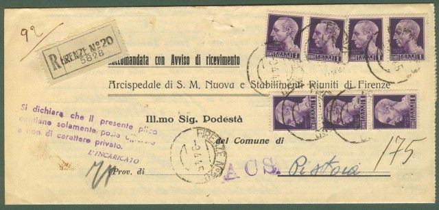 Luogotenenza.Lettera raccomandata del 9.4.1945. Affrancata con 7 pezzi 