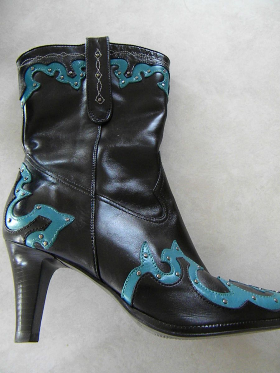 ANTONIO MELANI DESIGNER WOMENS BOOTS NWOB DRESSY BLACK TURQUOISE