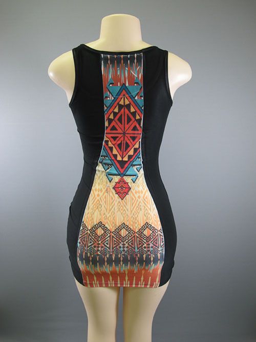 Sexy Curvy Orange Fun Ethnic Tribal Print Scoop Neck Slim Fit 