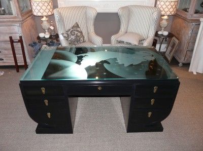   Deco Desk Etched Glass Top Black Lacquered 20s 30s Arbus WOW