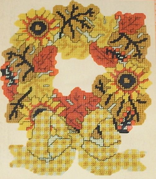 Autumn Sunflowers Fall Leaves Wreath Plastic Canvas Kit NIP 11x13 