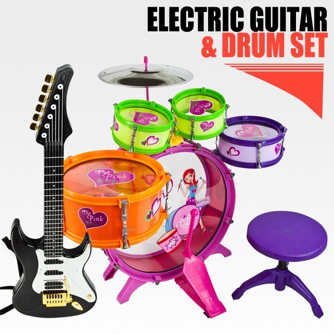   Toy Drum Playset Black Guitar Musical Instrument Educational Band Kit