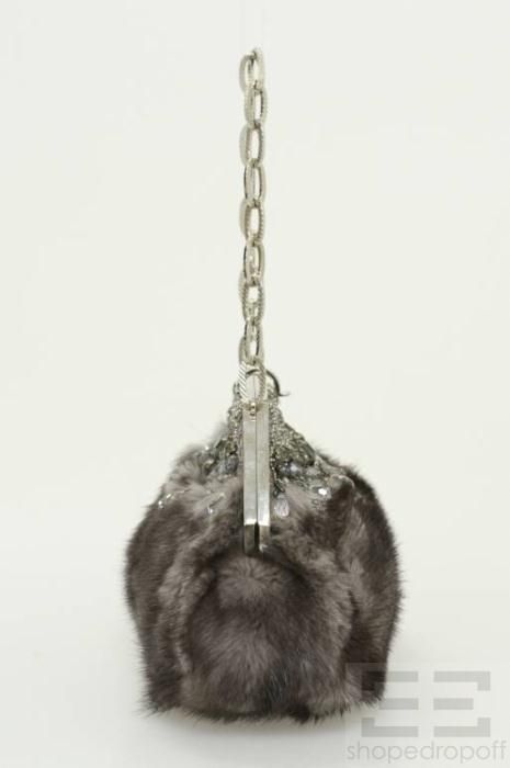 Badgley Mischka Grey Mink Fur Small Beaded Evening Bag