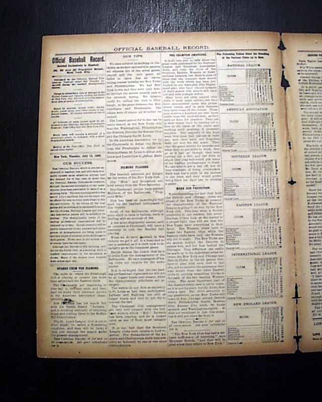   19th Century AMERICAN BASEBALL w/ Portrait & Standings 1886 Newspaper