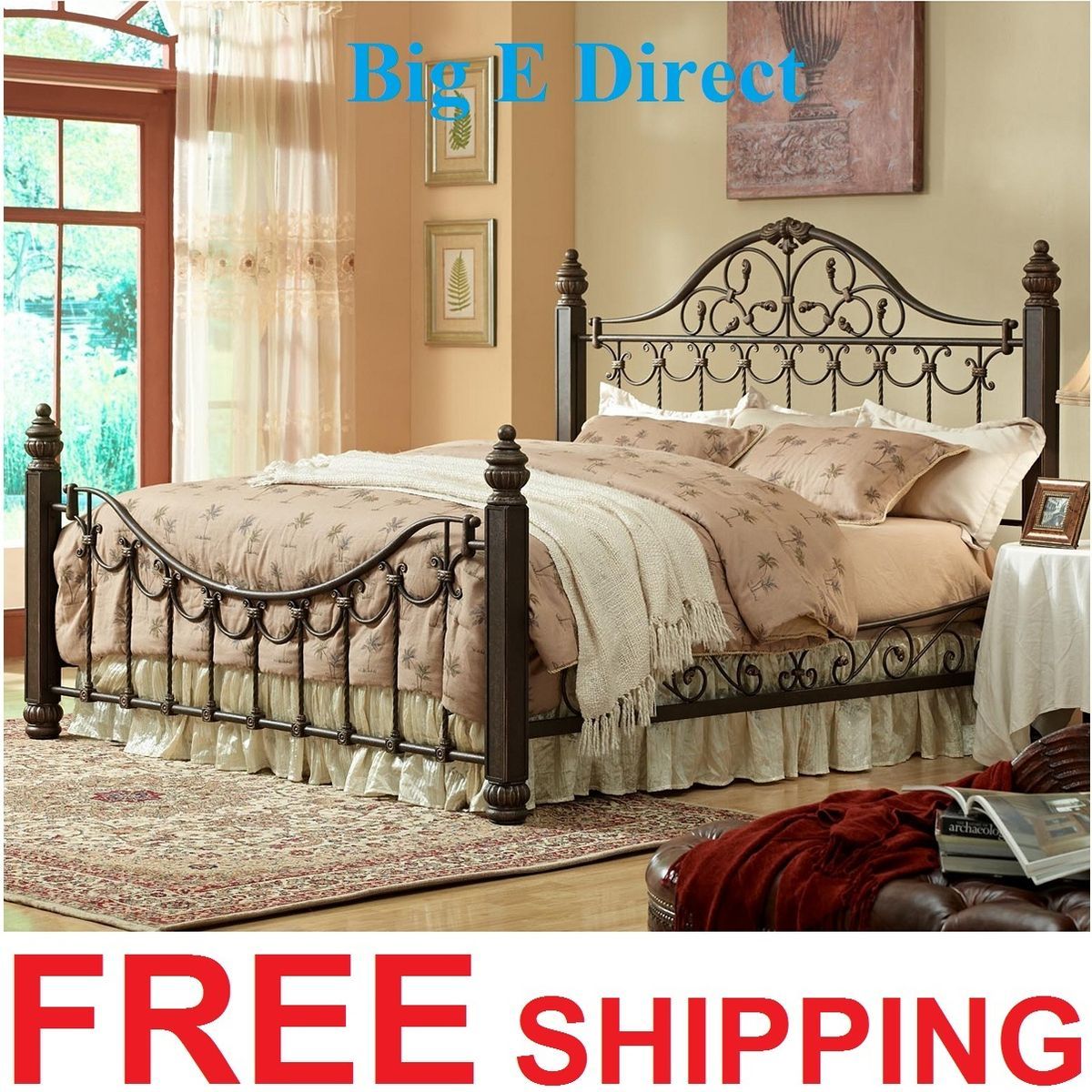 Metal Bedroom Furniture King Queen Steel Bed Antique Rustic Scoll 