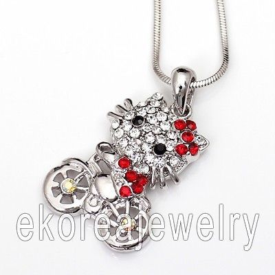 Made in KOREA   Austrian Crystal Cute Hello Kitty on Bike Necklace