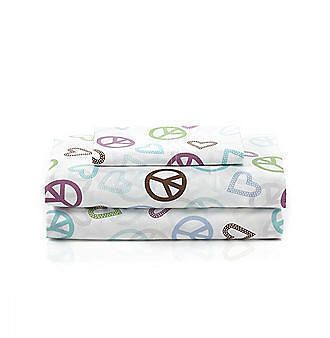 LivingQuarters Kids EZ Care HEARTS & PEACE SIGNS Microfiber FULL Sheet 