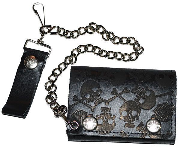 HARLEY DAVIDSON® MENS TRI FOLD LEATHER SKULL BIKER CHAIN WALLET SH304 